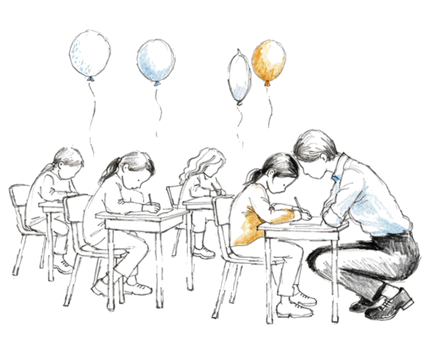 Dessin au crayon : une classe qui travaille, des ballons au plafond