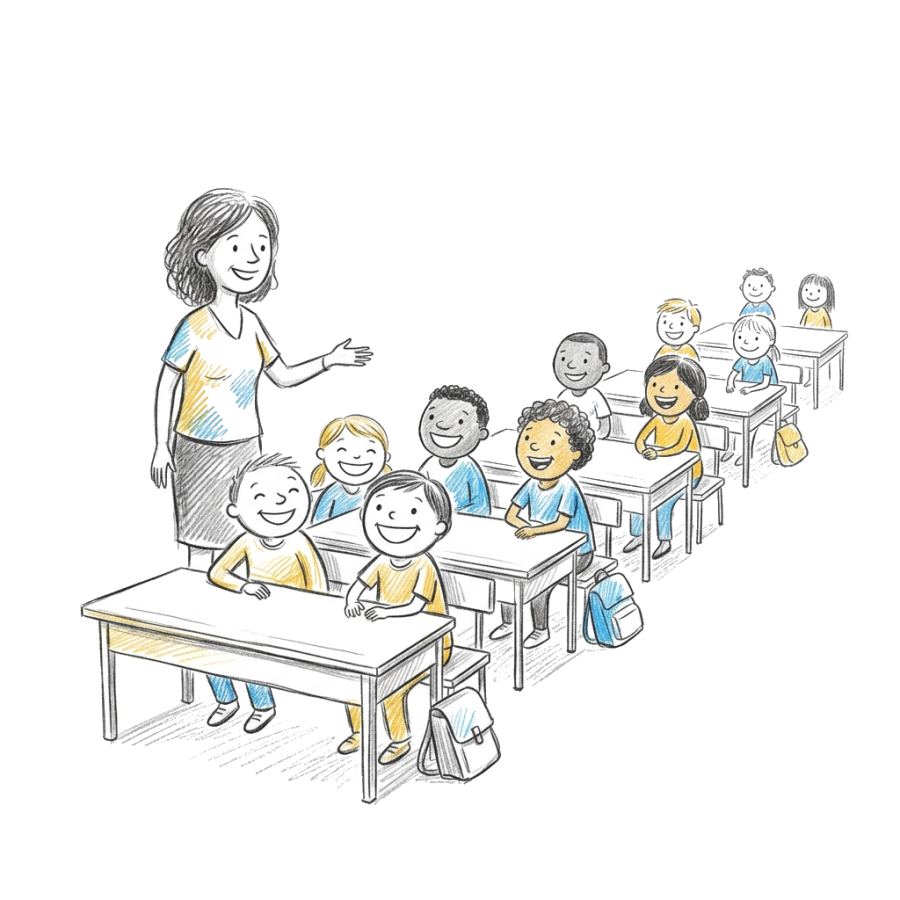Dessin au crayon : une enseignante et ses élèves en classe